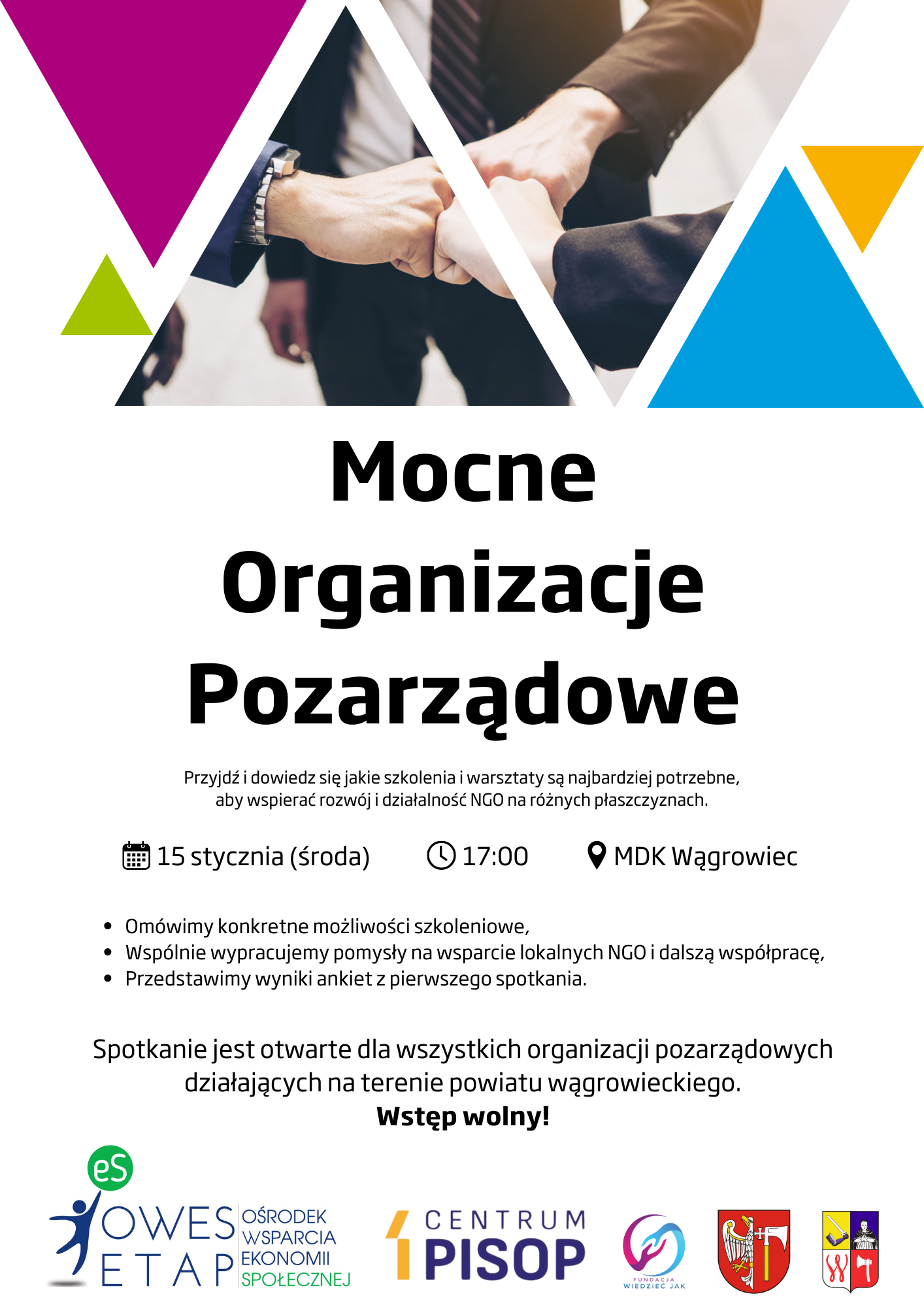 Mocne Organizacje Pozarządowe - plakat spotkania otwartego (15 stycznia, godz. 17:00, MDK Wągrowiec)